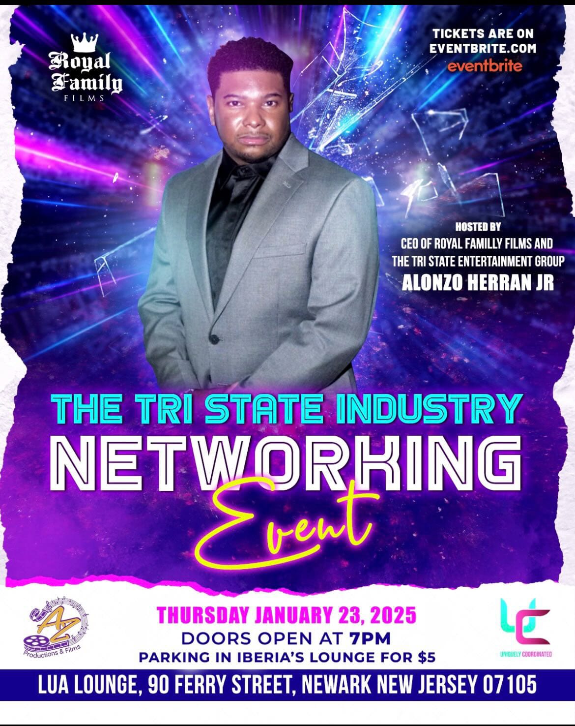 The Royal Family Films proudly presents the Tri State Industry Networking Event, happening this Thursday, January 23, 2025, at 7:00 PM at the stylish Lua Lounge, 90 Ferry Street, Newark, NJ 07105.